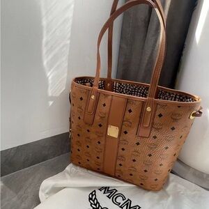 MCM Liz Large Reversible Visetos Shopper Tote Bag cognac